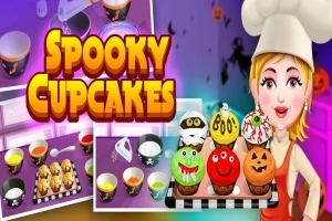 Una chef sostiene una bandeja con cupcakes decorados de Halloween en un entorno colorido, con imágenes de ingredientes y utensilios de cocina al fondo
