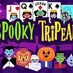 Carteles de casino con un diseño de personajes espeluznantes, incluyendo fantasmas, vampiros, un hombre lobo, una momia, un monstruo con cabeza de calabaza y cartas, sobre un fondo morado oscuro con murciélagos y una casa encantada