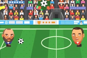 Dos personajes con cabezas grandes juegan fútbol en un campo verde con un público animado de fondo