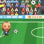 Dos personajes con cabezas grandes juegan fútbol en un campo verde con un público animado de fondo