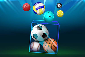 Varios balones deportivos, incluidos de fútbol, voleibol, boliche, tenis, béisbol, baloncesto y billar, flotan sobre un fondo azul con una caja rectangular transparente