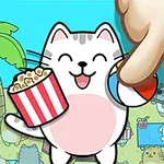 Gato blanco feliz sostiene palomitas junto a una gran mano sobre un fondo de playa con otros gatos