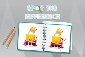 Libro abierto con dos ilustraciones de candados con coronas y capas, acompañado de lápices y el texto Spot the Difference