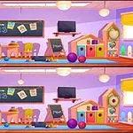 Dos imágenes idénticas de un colorido salón de juegos infantil con muebles, juguetes y una pizarra en una habitación decorada con tonos morados y amarillos