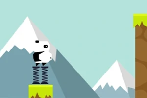 Un personaje blanco con un ojo negro sobre un resorte frente a montañas y una plataforma de tierra