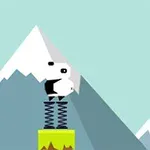 Un personaje blanco con un ojo negro sobre un resorte frente a montañas y una plataforma de tierra