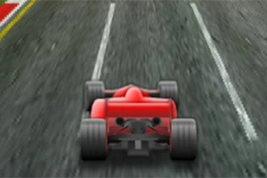 Coche de carreras rojo avanzando por una pista asfaltada con líneas blancas