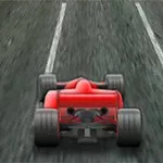 Coche de carreras rojo avanzando por una pista asfaltada con líneas blancas