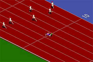 Corredores en una pista de atletismo roja con un competidor caído