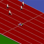 Corredores en una pista de atletismo roja con un competidor caído