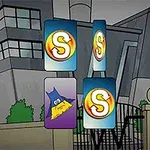Cartas con un símbolo dorado y una carta con un icono de superhéroe frente a un edificio moderno y una reja