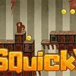 Dos ratones sobre plataformas de madera con monedas doradas y el texto Squicky en letras grandes y amarillas
