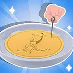 Mano sujetando una aguja sobre un caramelo circular con un dibujo de calamar en el centro de un plato, con brillo y fondo azul