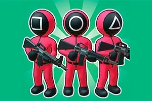 Tres figuras con trajes rojos y formas geométricas en las máscaras sostienen rifles sobre un fondo verde