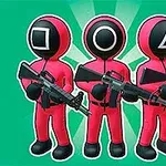 Tres figuras con trajes rojos y formas geométricas en las máscaras sostienen rifles sobre un fondo verde