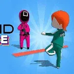 Dos personajes en un entorno minimalista: uno en traje rosa con máscara negra y otro en uniforme verde