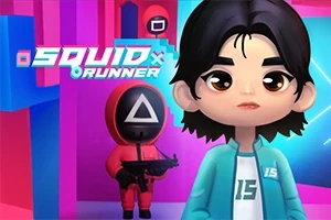 Personaje de dibujos animados con cabello negro y chaqueta azul claro junto a una figura de traje rojo con máscara negra en un fondo colorido y geométrico
