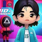 Personaje de dibujos animados con cabello negro y chaqueta azul claro junto a una figura de traje rojo con máscara negra en un fondo colorido y geométrico