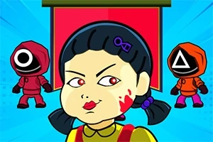 Una ilustración de caricatura que muestra a una niña con coletas y un vestido, con marcas de sangre en su rostro, flanqueada por dos figuras enmascaradas con trajes de colores y símbolos geométricos en sus máscaras