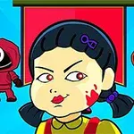 Una ilustración de caricatura que muestra a una niña con coletas y un vestido, con marcas de sangre en su rostro, flanqueada por dos figuras enmascaradas con trajes de colores y símbolos geométricos en sus máscaras