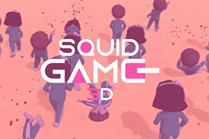 Personas con trajes azules haciendo fila en un espacio abierto de color rosa, con texto que dice Squid Game 3D en el centro