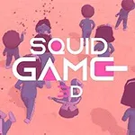 Personas con trajes azules haciendo fila en un espacio abierto de color rosa, con texto que dice Squid Game 3D en el centro