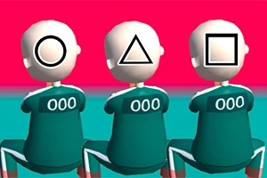 Tres figuras sentadas con ropa verde, mostrando figuras geométricas (círculo, triángulo, cuadrado) en sus caras y el número 000 en sus espaldas