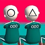 Tres figuras sentadas con ropa verde, mostrando figuras geométricas (círculo, triángulo, cuadrado) en sus caras y el número 000 en sus espaldas