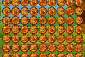 Círculos naranjas con imágenes de caracoles y bellotas dispuestos en una cuadrícula sobre un fondo de paisaje