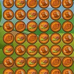 Círculos naranjas con imágenes de caracoles y bellotas dispuestos en una cuadrícula sobre un fondo de paisaje