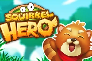 Un panda rojo alegre con un pañuelo rojo junto al texto colorido Squirrel Hero sobre un fondo de naturaleza