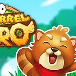 Un panda rojo alegre con un pañuelo rojo junto al texto colorido Squirrel Hero sobre un fondo de naturaleza