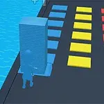 Una figura roja apilando bloques azules sobre un camino curvo con un fondo azul brillante y texto colorido