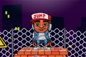 Personaje animado con gorra roja que dice JUMP, camiseta y chaqueta, parado sobre ladrillos frente a una cerca de malla en una escena nocturna de ciudad