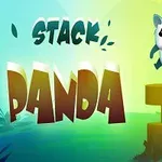Un panda animado salta junto a letras grandes que dicen Stack Panda sobre un fondo colorido con plataformas apiladas