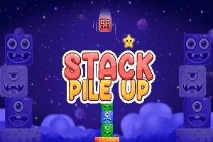 Bloques animados apilados en el cielo nocturno con la estrella amarilla y el título STACK PILE UP al frente