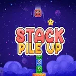 Bloques animados apilados en el cielo nocturno con la estrella amarilla y el título STACK PILE UP al frente