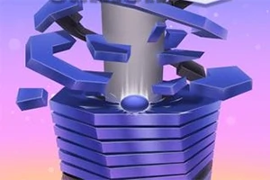 Torre de plataformas azules en espiral con piezas flotantes sobre un fondo degradado de rosa a azul