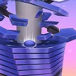 Torre de plataformas azules en espiral con piezas flotantes sobre un fondo degradado de rosa a azul