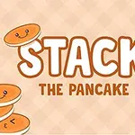 Dibujos de hotcakes sonrientes con caritas lindas y el texto STACK THE PANCAKE sobre un fondo a cuadros