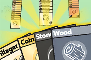 Cartas de un juego con títulos Villager, Coin, Stone y Wood sobre un fondo verde con elementos de interfaz