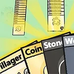 Cartas de un juego con títulos Villager, Coin, Stone y Wood sobre un fondo verde con elementos de interfaz