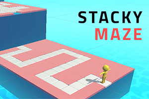 Personaje amarillo en un laberinto de bloques rosados y blancos con el texto STACKY MAZE al fondo
