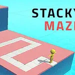 Personaje amarillo en un laberinto de bloques rosados y blancos con el texto STACKY MAZE al fondo