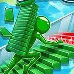 Figura verde subiendo escaleras mientras lleva bloques del mismo color en un entorno azul y verde