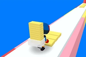 Personaje con bloques amarillos corriendo por una plataforma multicolor sobre un fondo azul