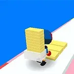 Personaje con bloques amarillos corriendo por una plataforma multicolor sobre un fondo azul