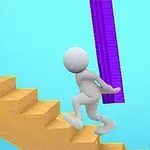 Figura de personaje blanco subiendo una escalera amarilla con un bloque púrpura en la espalda sobre un fondo azul
