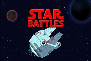 Nave espacial sobre un fondo estrellado con dos planetas y el texto Star Battles en rojo