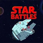 Nave espacial sobre un fondo estrellado con dos planetas y el texto Star Battles en rojo